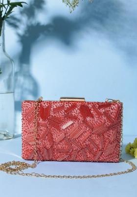 Peach Coloured White Embellished Box Clutch