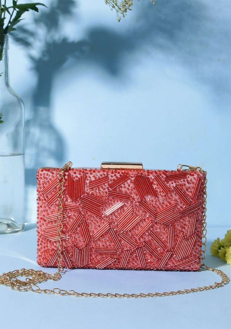 Peach Coloured White Embellished Box Clutch - Indya