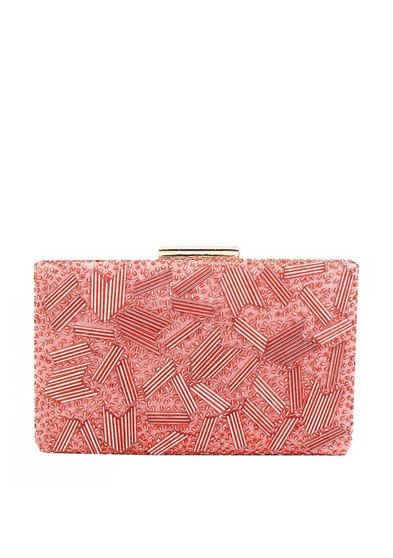 Peach Coloured White Embellished Box Clutch - Indya