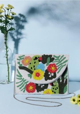 Women White Yellow Embroidered Envelope Clutch