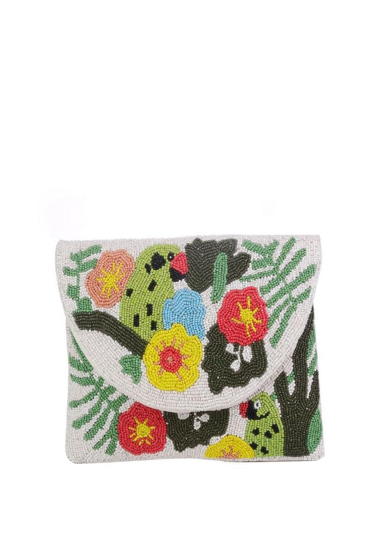 Women White Yellow Embroidered Envelope Clutch