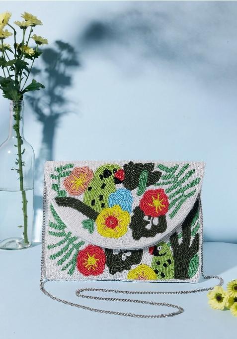 Women White Yellow Embroidered Envelope Clutch