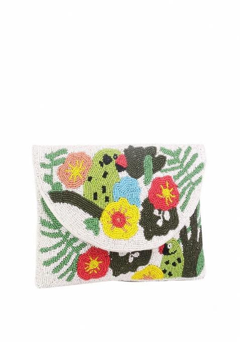 Women White Yellow Embroidered Envelope Clutch
