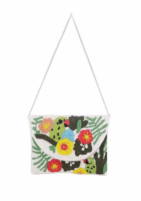 Women White Yellow Embroidered Envelope Clutch