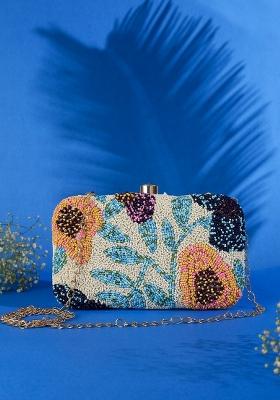 Women White Blue Embellished Box Clutch