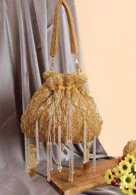 Gold Toned White Embroidered Potli