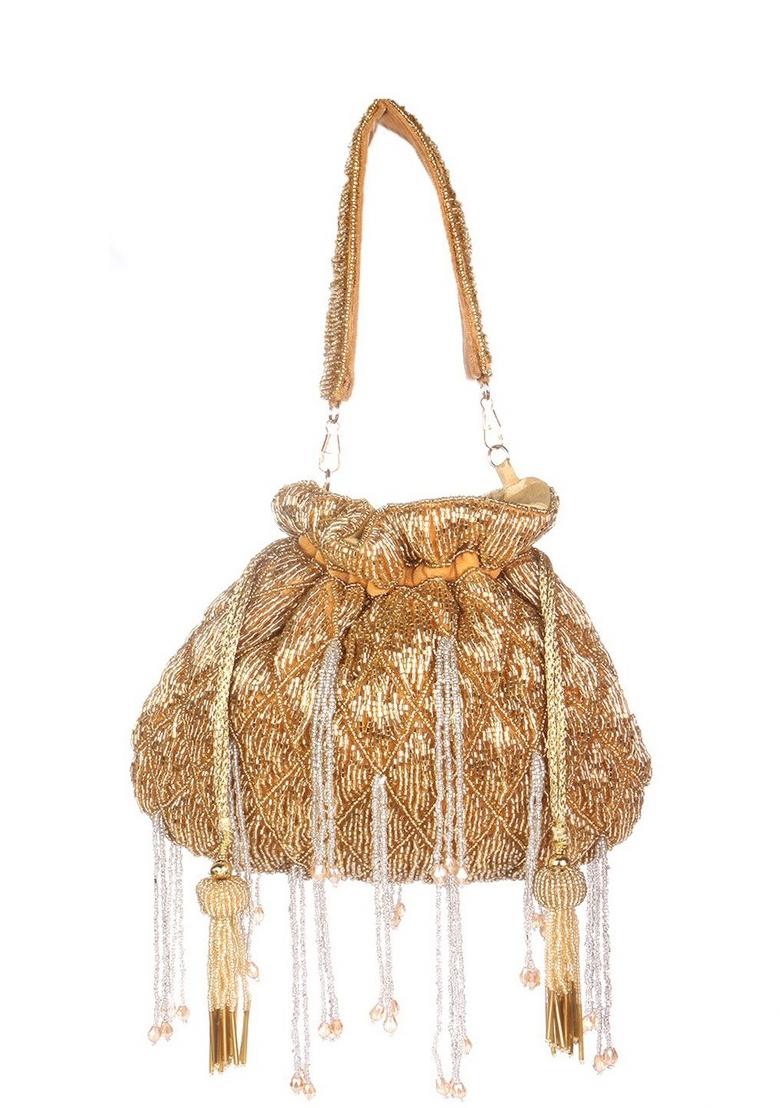 Gold Toned White Embroidered Potli - Indya