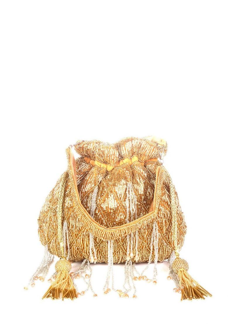 Gold Toned White Embroidered Potli - Indya