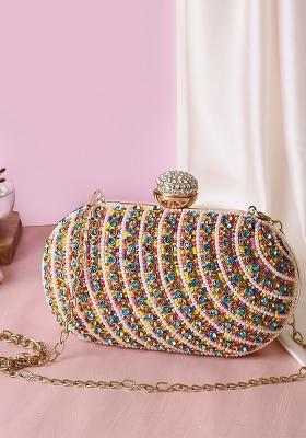 White Gold Toned Embellished Box Clutch