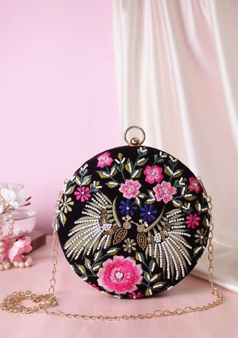 Black Pink Embroidered Box Clutch - Indya