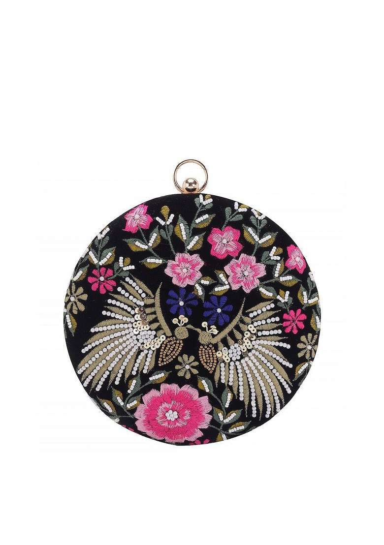 Black Pink Embroidered Box Clutch - Indya