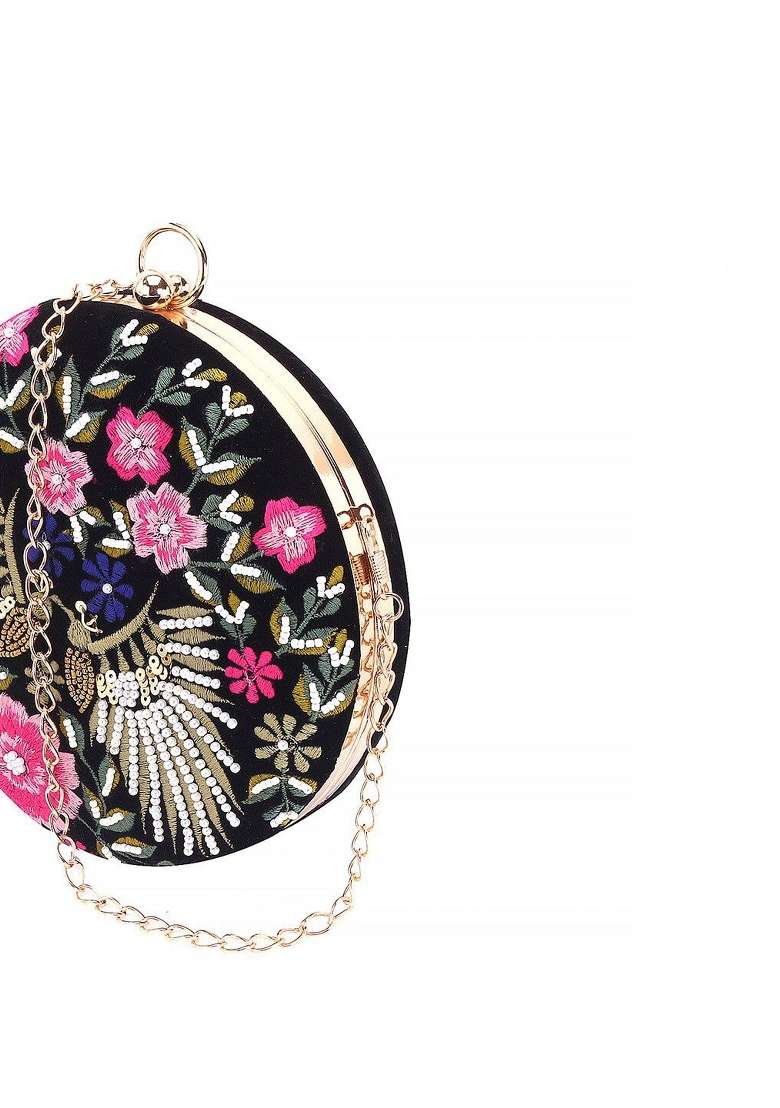 Black Pink Embroidered Box Clutch - Indya