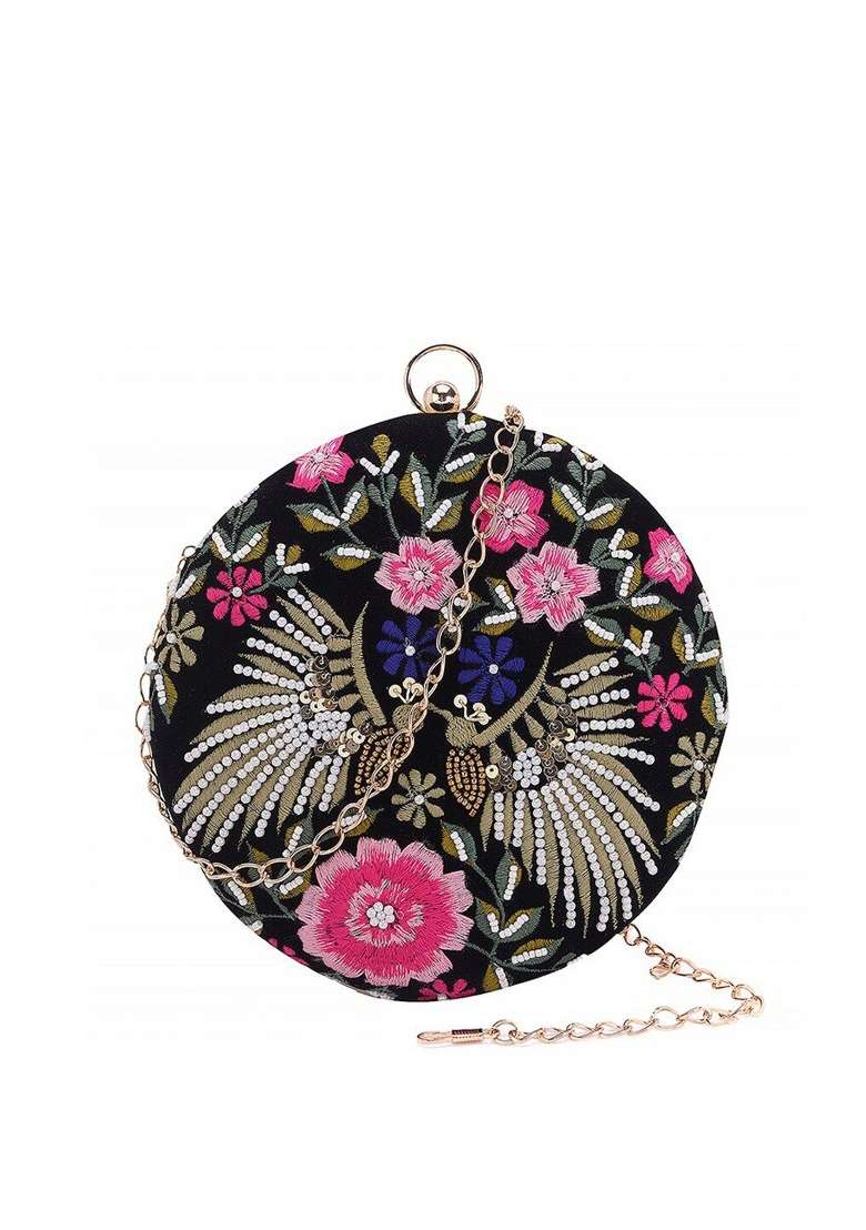 Black Pink Embroidered Box Clutch - Indya