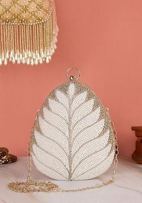 Women Gold Toned White Embellished Box Clutch With Shoulder Strap