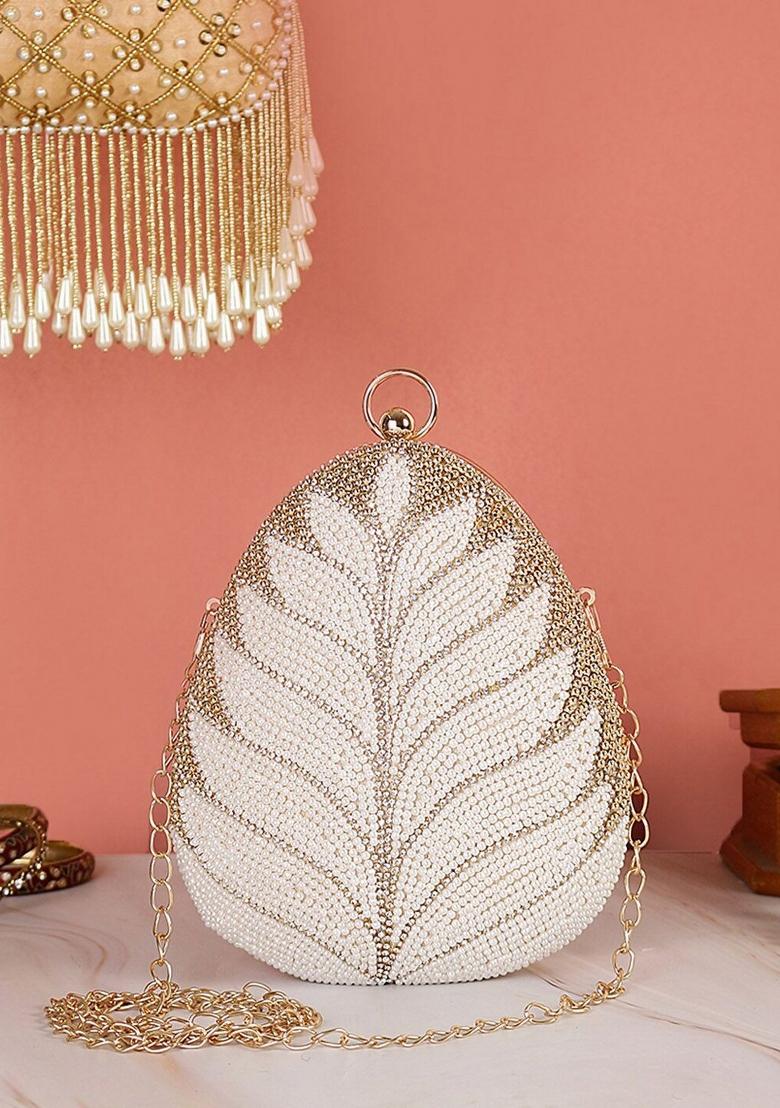 Women Gold Toned White Embellished Box Clutch With Shoulder Strap