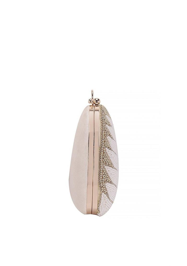 Women Gold Toned White Embellished Box Clutch With Shoulder Strap
