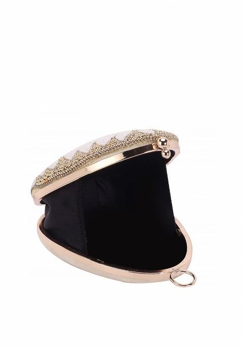 Women Gold Toned White Embellished Box Clutch With Shoulder Strap