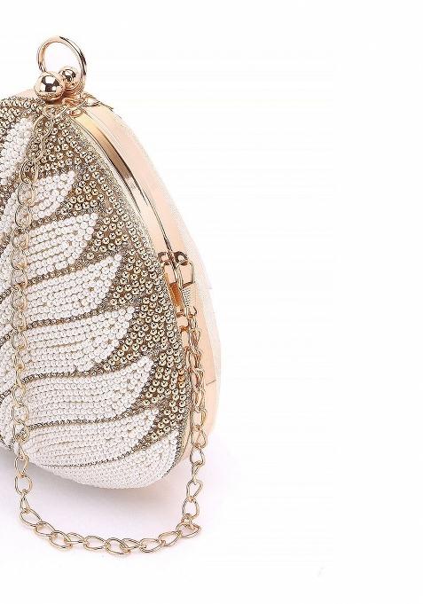 Women Gold Toned White Embellished Box Clutch With Shoulder Strap