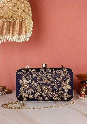 Navy Blue Gold Toned Embroidered Box Clutch