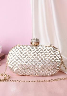 Beige Embellished Box Clutch
