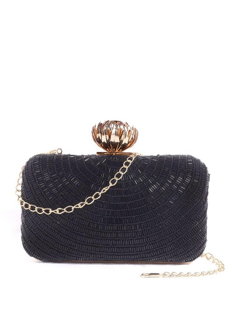 Black Gold Toned Embroidered Box Clutch - Indya