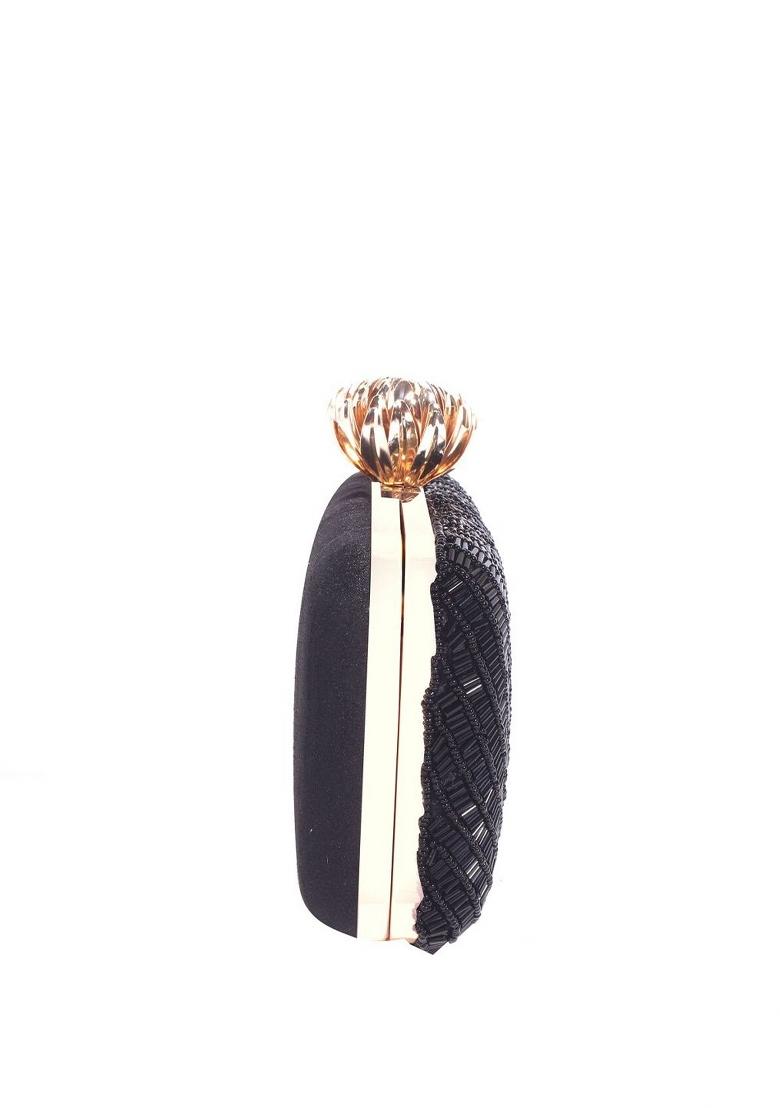 Black Gold Toned Embroidered Box Clutch - Indya