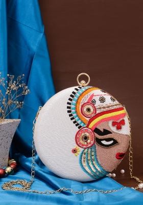 White Gold Toned Embroidered Box Clutch
