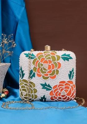 White Orange Printed Box Clutch
