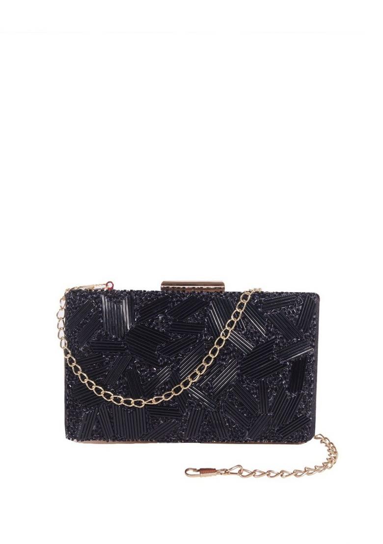 Black Gold Toned Textured Box Clutch - Indya