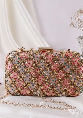 Women Peach Coloured Red Embroidered Box Clutch