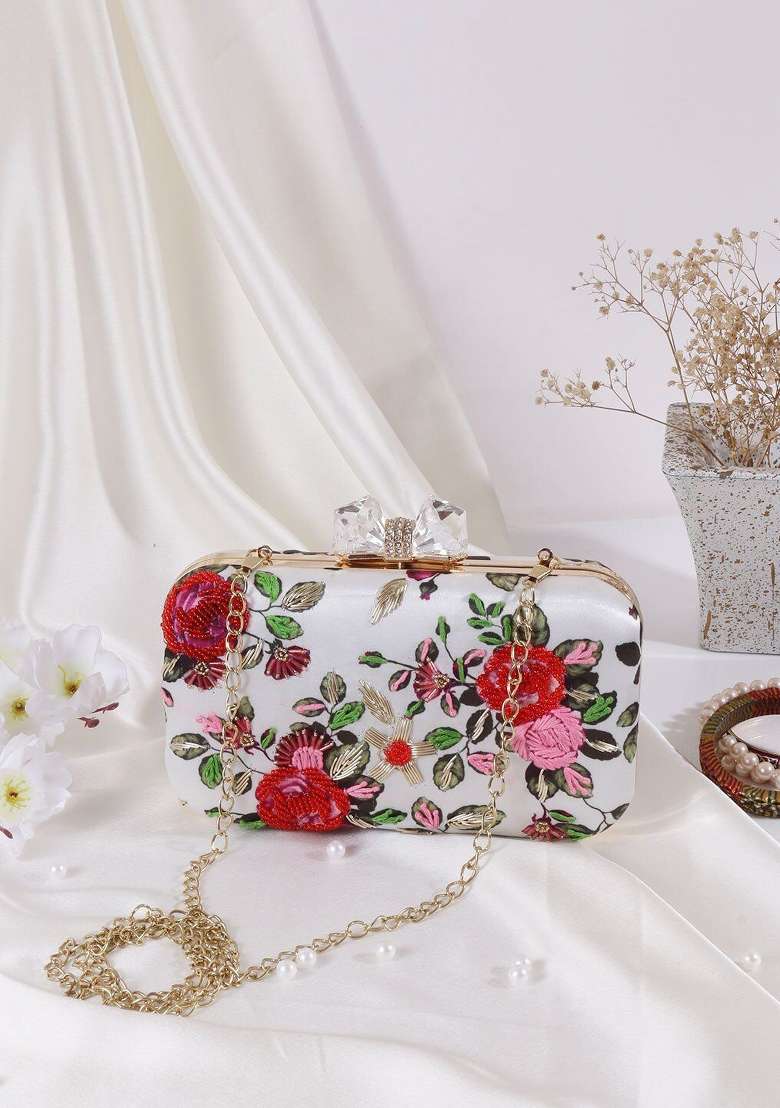 Red Off White Printed Box Clutch - Indya