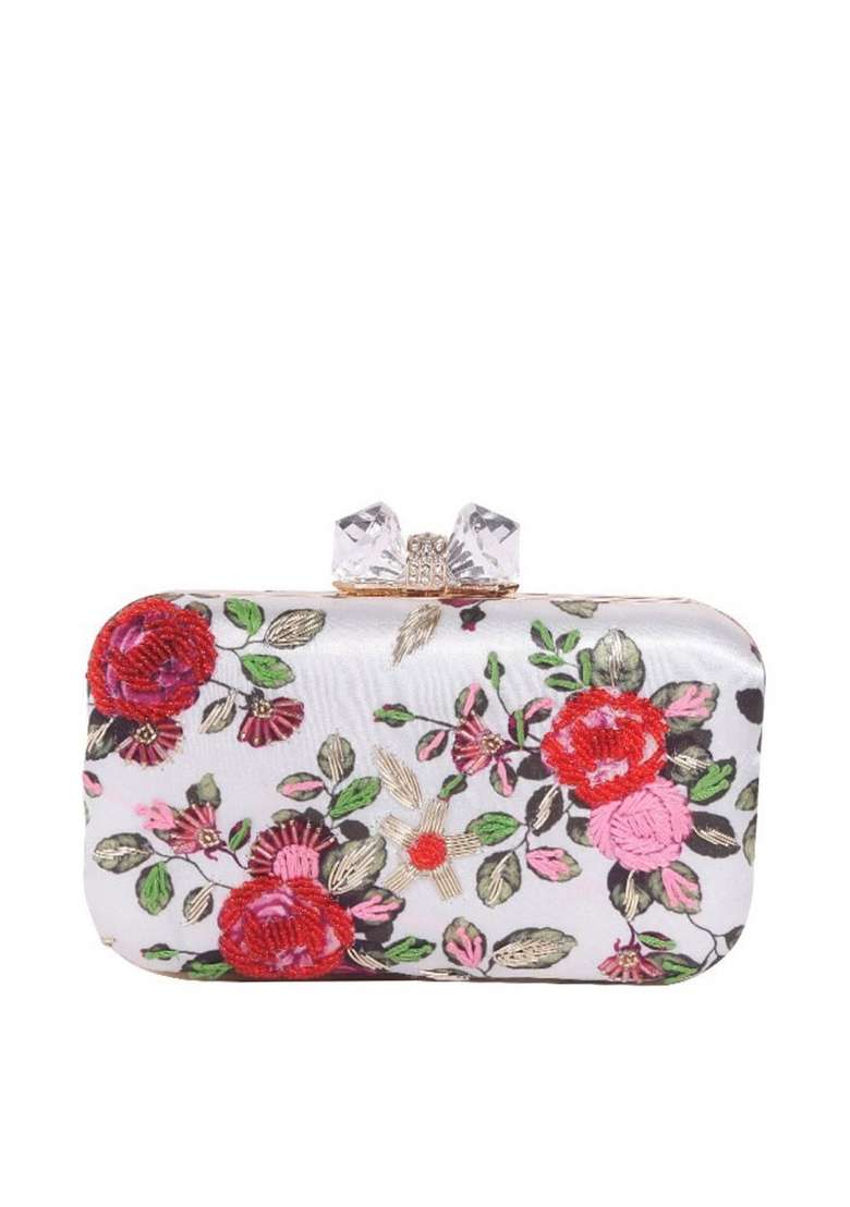 Red Off White Printed Box Clutch - Indya