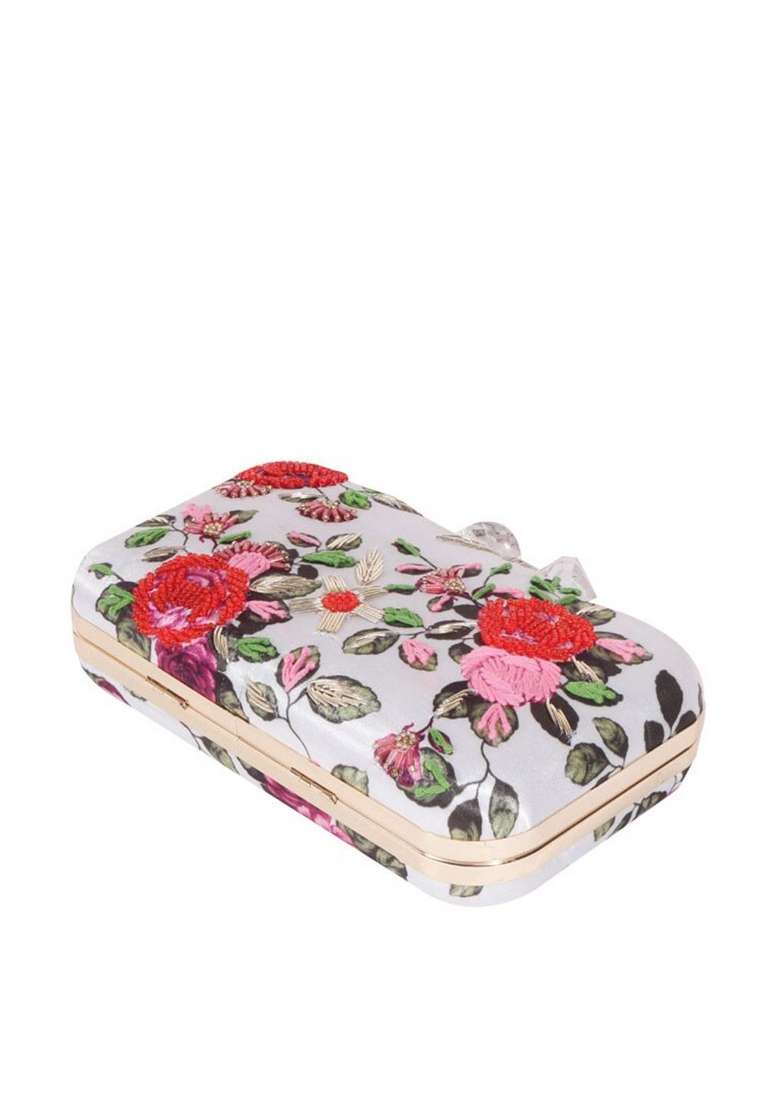 Red Off White Printed Box Clutch - Indya