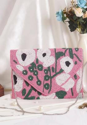 Pink White Embellished Envelope Clutch