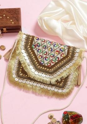 Gold Toned White Embroidered Envelope Clutch