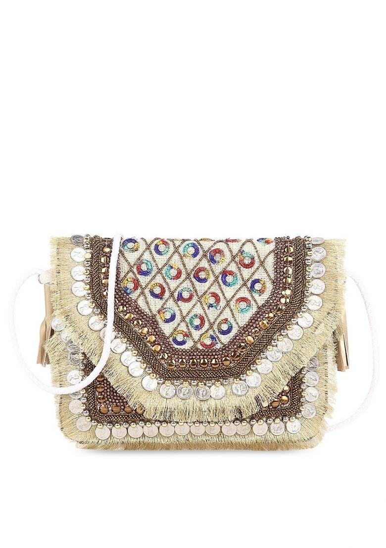 Gold Toned White Embroidered Envelope Clutch - Indya