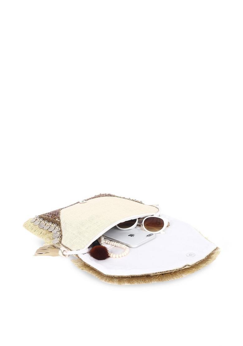Gold Toned White Embroidered Envelope Clutch - Indya