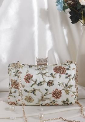 Women Cream Coloured Pink Embroidered Box Clutch