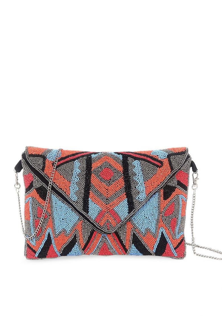 Red Blue Embellished Foldover Clutch