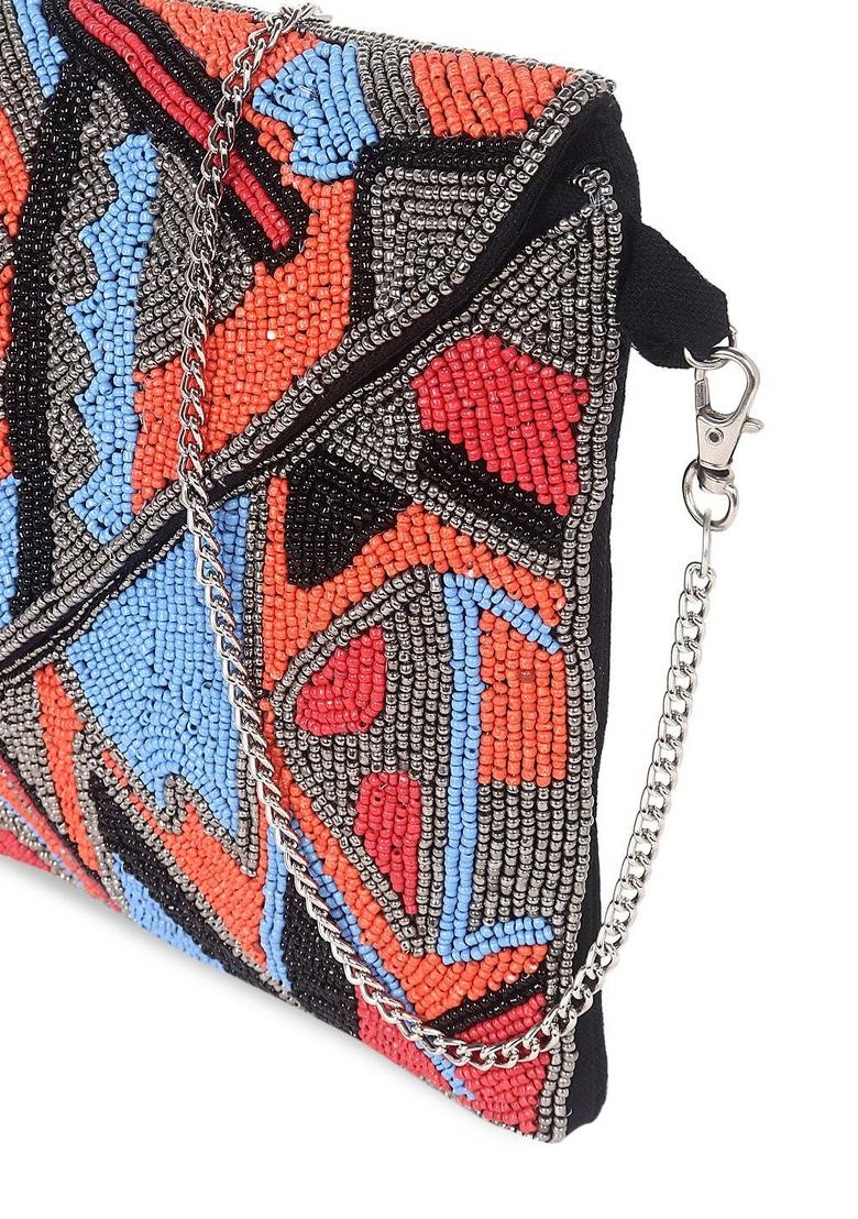 Red Blue Embellished Foldover Clutch