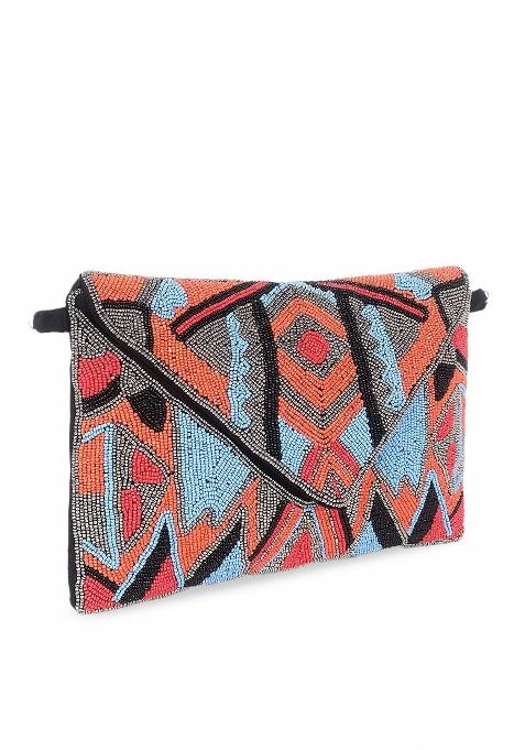 Red Blue Embellished Foldover Clutch