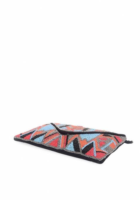 Red Blue Embellished Foldover Clutch