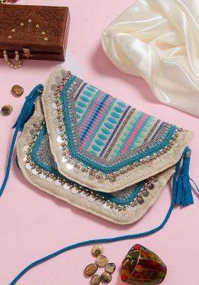 Blue White Printed Embellished Envelope Clutch