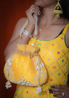 Yellow White Embroidered Potli