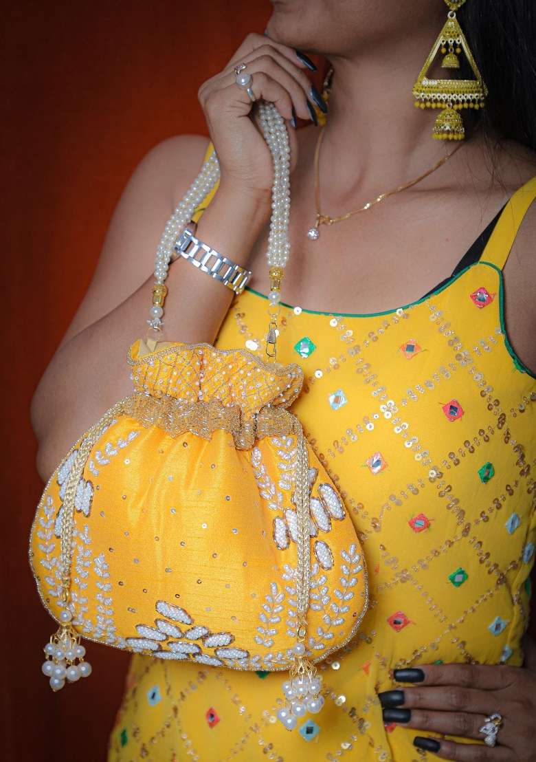 Yellow White Embroidered Potli - Indya