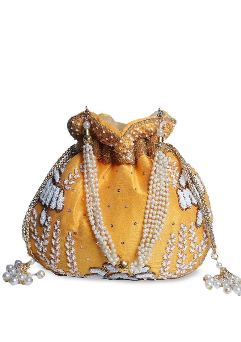 Yellow White Embroidered Potli - Indya