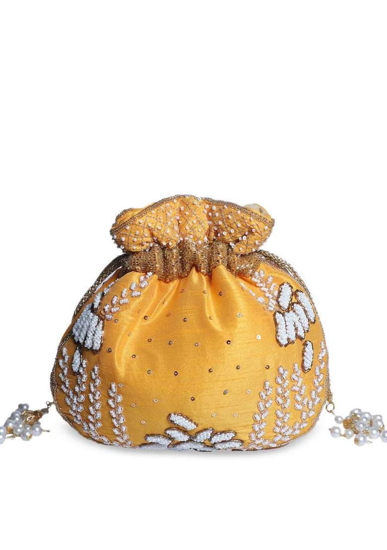 Yellow White Embroidered Potli - Indya