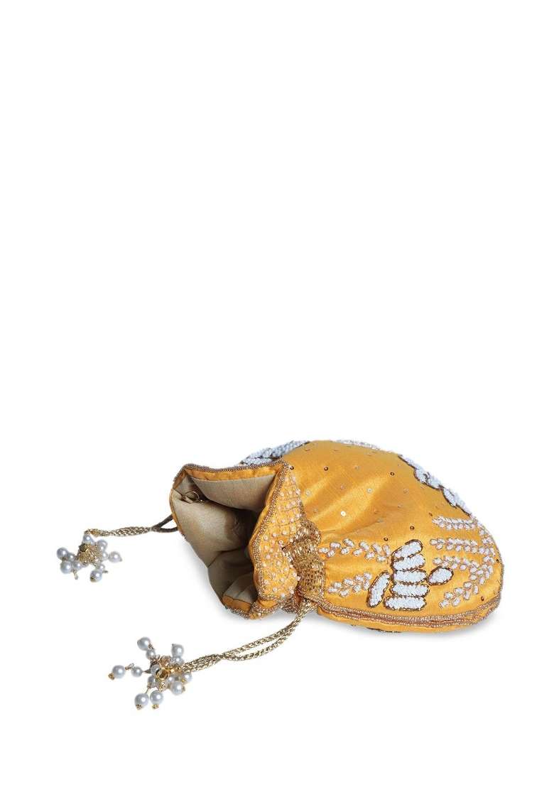 Yellow White Embroidered Potli - Indya