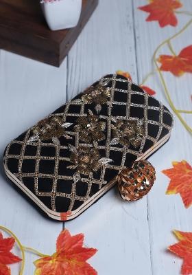 Black Gold Toned Embellished Box Clutch