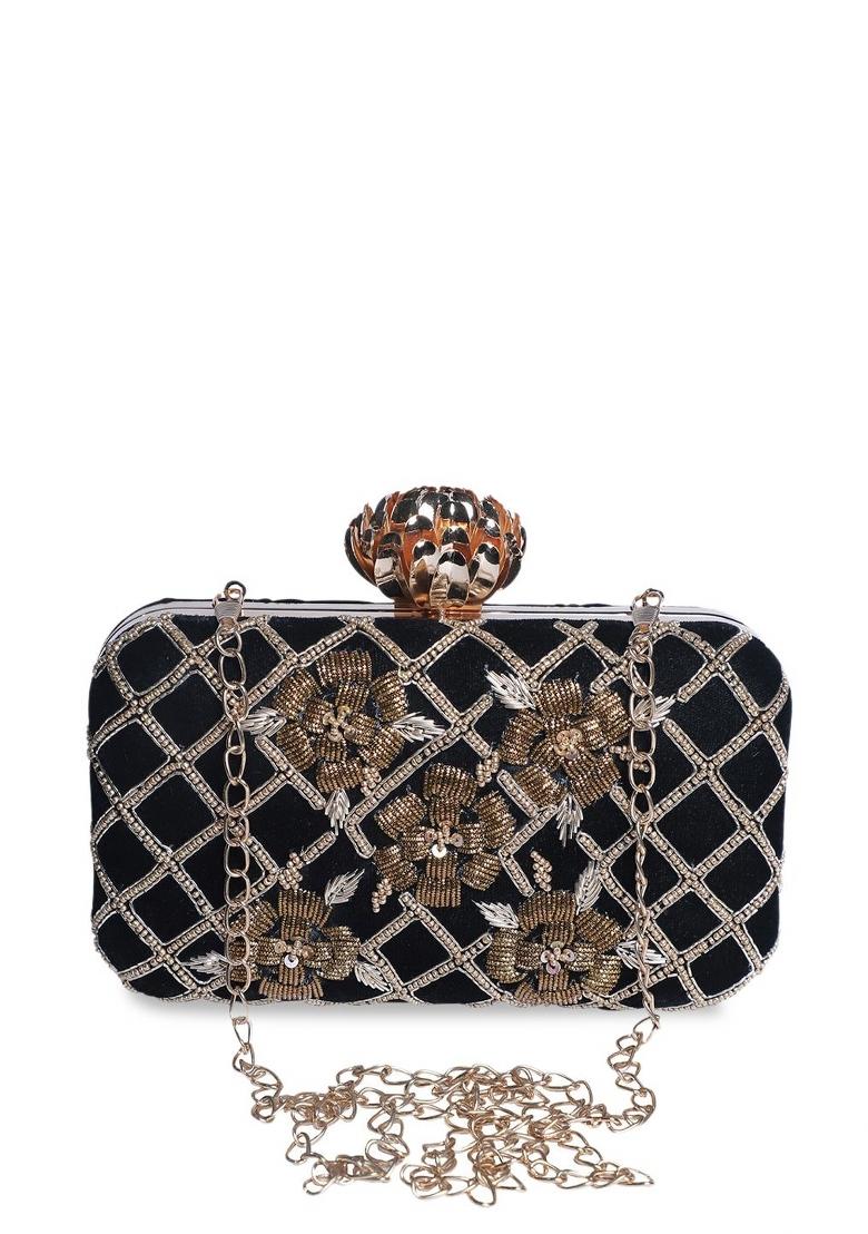 Black Gold Toned Embellished Box Clutch - Indya